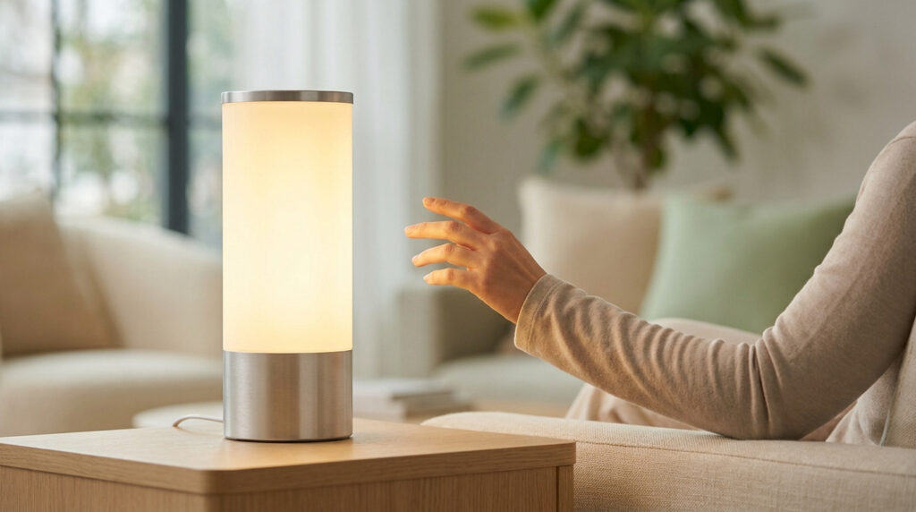 Main s'approchant d'une lampe cylindrique émettant une lumière douce et chaleureuse dans un salon.