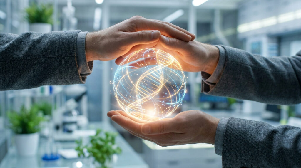 Mains tenant une sphère numérique en 3D représentant une double hélice d'ADN dans un laboratoire de recherche.