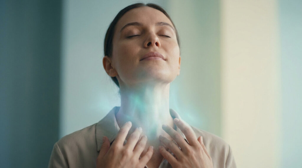 Une femme aux yeux fermés touche sa gorge entourée d'une lueur bleue, symbolisant l'ouverture du chakra de la gorge.