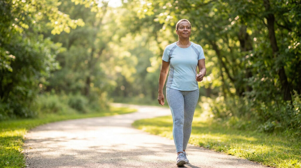 Une femme mature marche sereinement sur un sentier boisé ensoleillé.