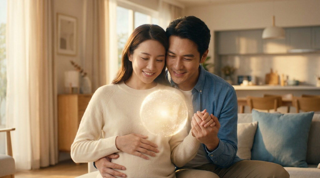 Couple souriant assis sur un canapé, tenant une sphère lumineuse au-dessus du ventre de la femme.