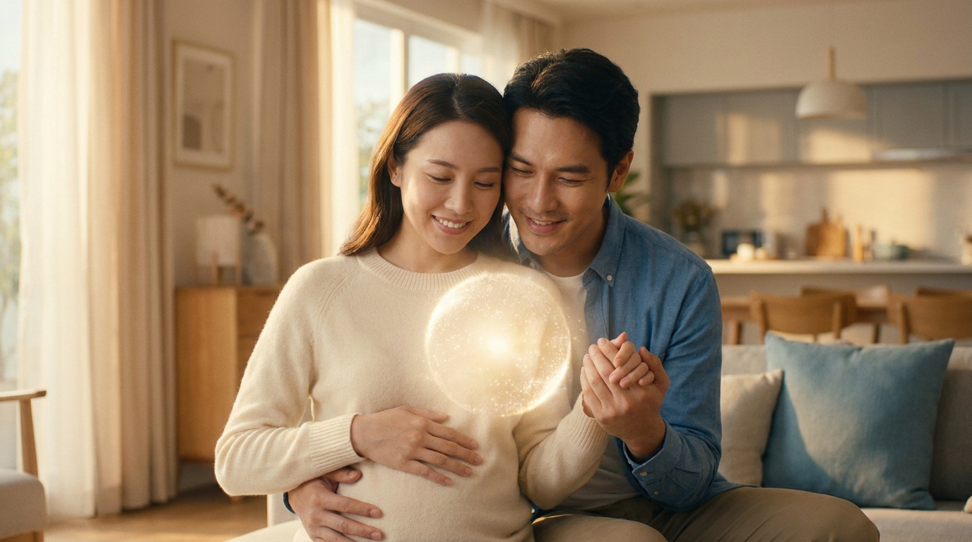 Couple souriant assis sur un canapé, tenant une sphère lumineuse au-dessus du ventre de la femme.