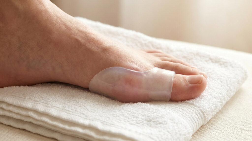 Pied portant une orthèse en silicone transparente sur l'articulation du gros orteil, posé sur une serviette blanche.