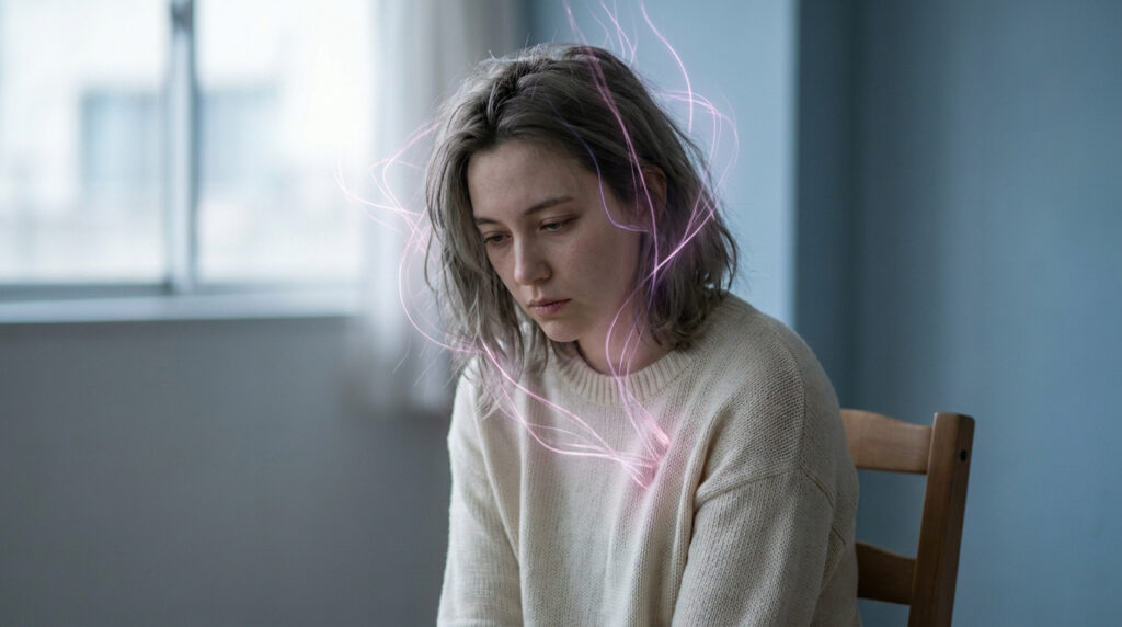 Une femme à l'air mélancolique avec des traînées de lumière rose émanant de son cœur, symbolisant un envoûtement.