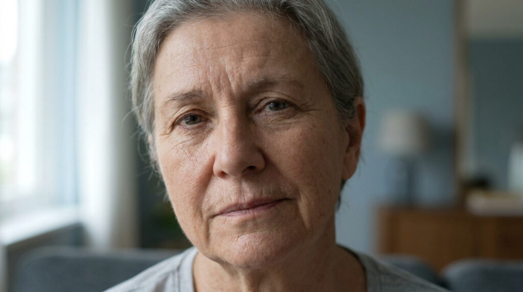 Portrait en gros plan d'une femme âgée aux cheveux gris regardant la caméra avec une expression neutre.