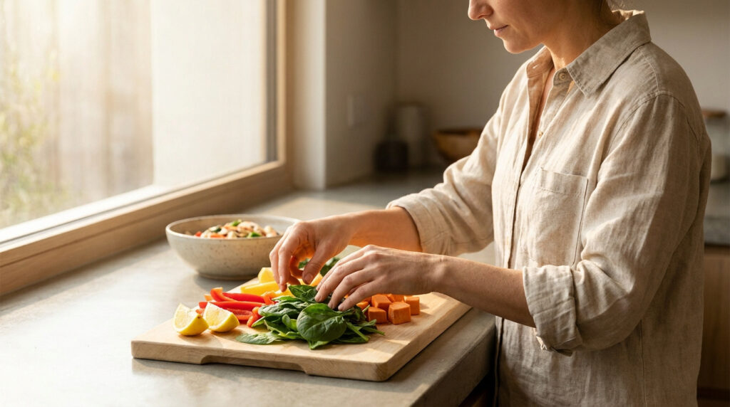 Une femme prépare des légumes frais sur une planche à découper dans une cuisine lumineuse.