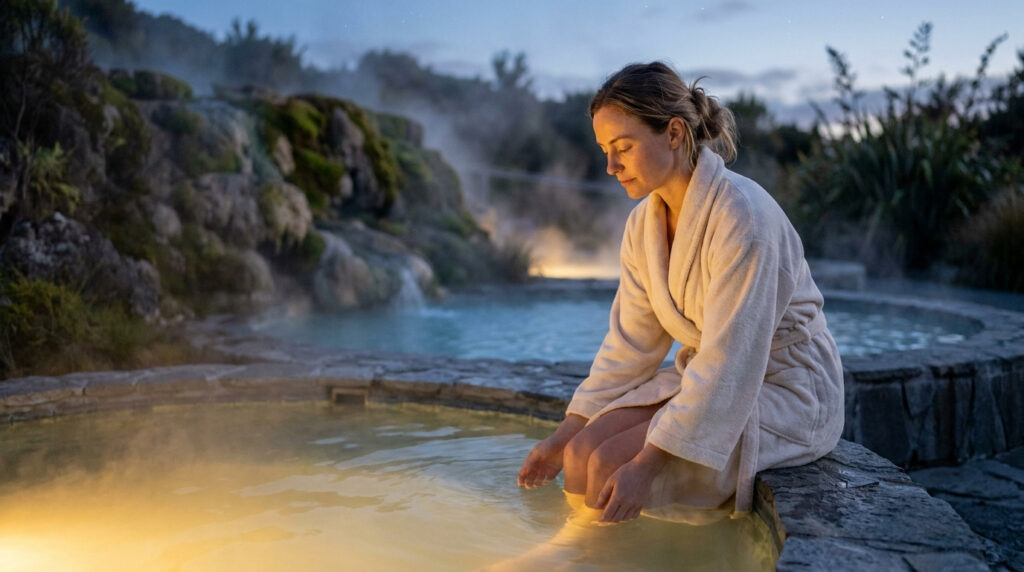 Une femme en peignoir se relaxe dans une source thermale naturelle entourée de brume au crépuscule.