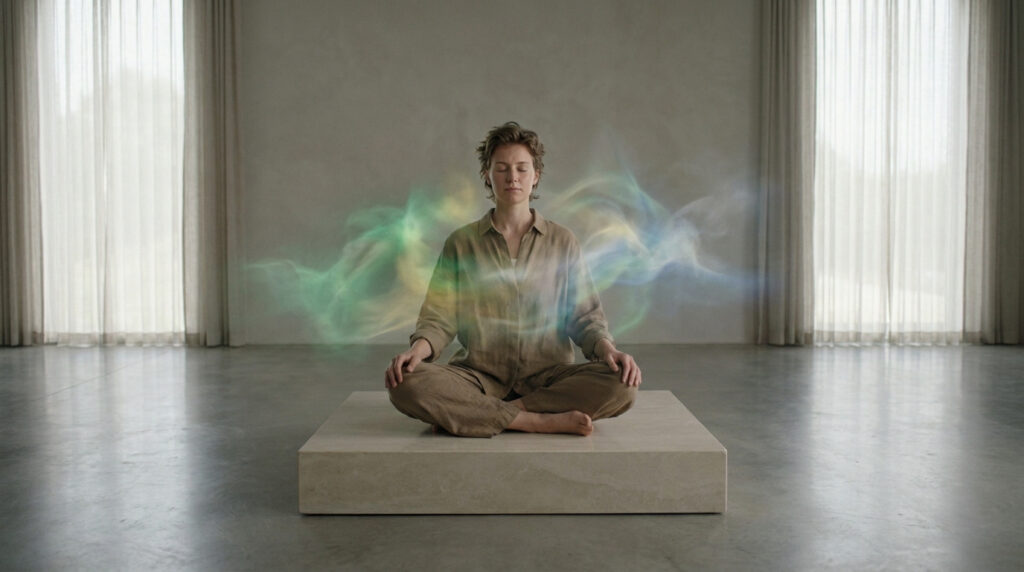 Une personne méditant en lotus entourée d'une aura lumineuse éthérée dans une pièce minimaliste.