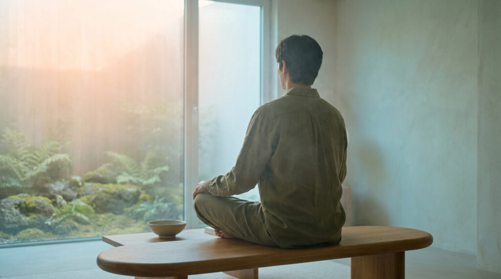 Homme assis en position de méditation sur un banc en bois face à une fenêtre donnant sur un jardin verdoyant.