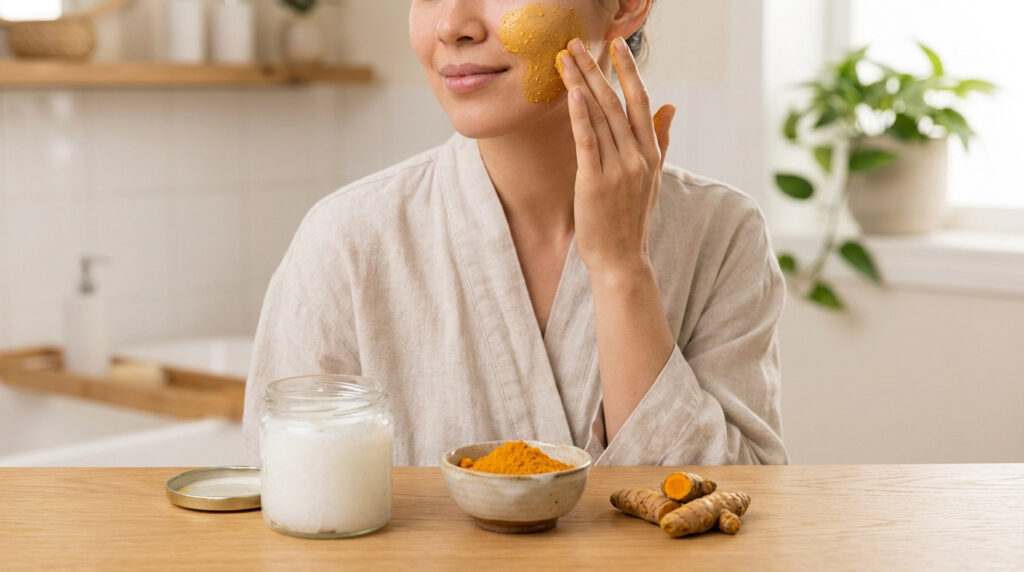 Une femme applique un masque au curcuma sur son visage devant un pot d'huile de coco et des racines de curcuma frais.