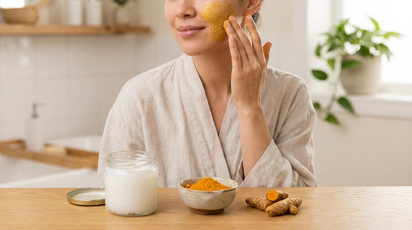 Une femme applique un masque au curcuma sur son visage devant un pot d'huile de coco et des racines de curcuma frais.