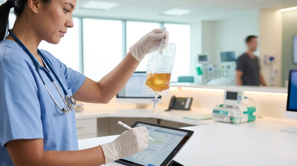 Une aide-soignante en tenue bleue examine une poche à urine tout en notant les données sur une tablette numérique.