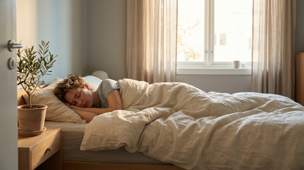 Une personne dort paisiblement dans un lit douillet avec des draps en lin, baignée par la lumière douce du matin.