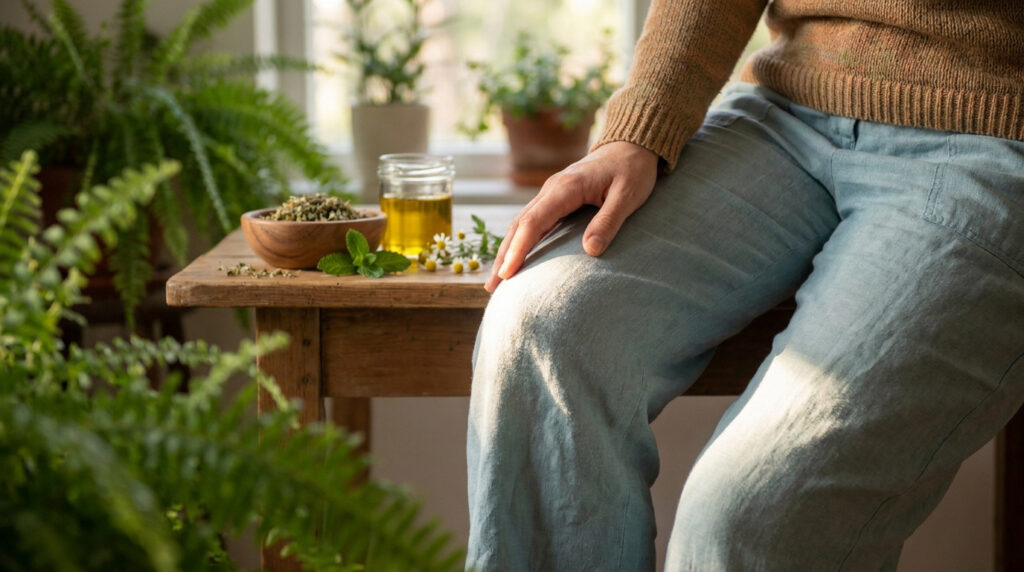 Une personne assise avec une main posée sur le genou, près d'un bol d'herbes et d'une huile thérapeutique.