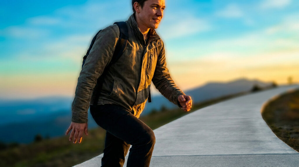 Un homme avec un sac à dos marche sur une route en montée vers un horizon lumineux au coucher du soleil.
