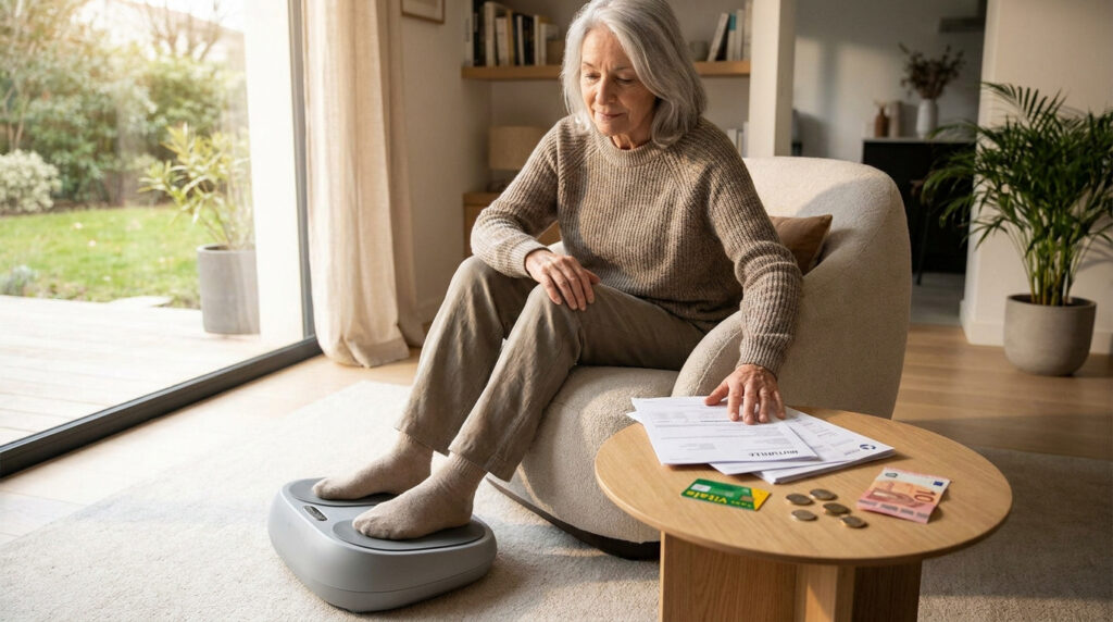 Femme âgée utilisant un stimulateur circulatoire Revitive avec des documents de santé et une carte Vitale sur la table.