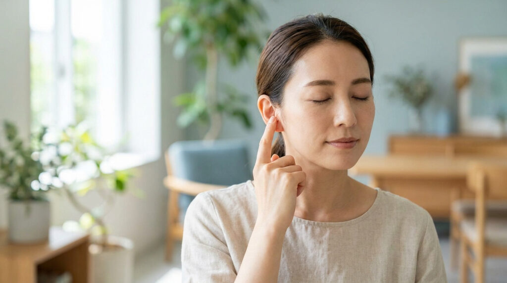 Une femme pratique l'acupression sur son oreille pour favoriser la perte de poids.