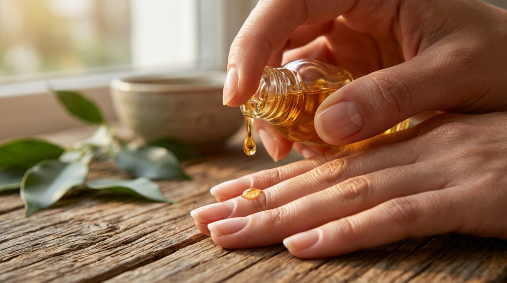 Main appliquant une goutte d'huile de propolis sur un ongle pour traiter une mycose.