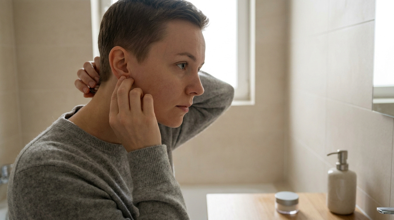 Personne se regardant dans un miroir de salle de bain pour retirer délicatement une prothèse d'oreille.