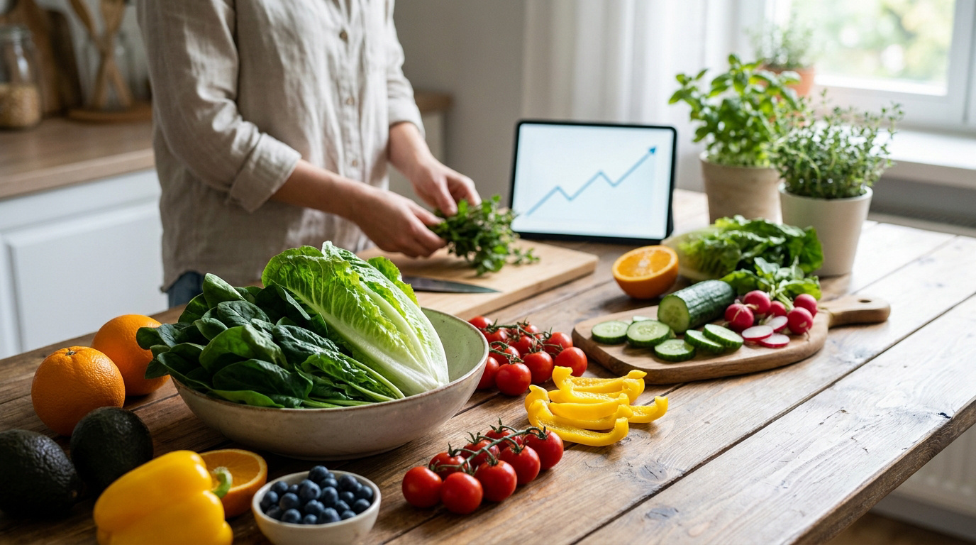 Une personne prépare des légumes frais dans une cuisine, avec une tablette affichant un graphique de suivi médical.