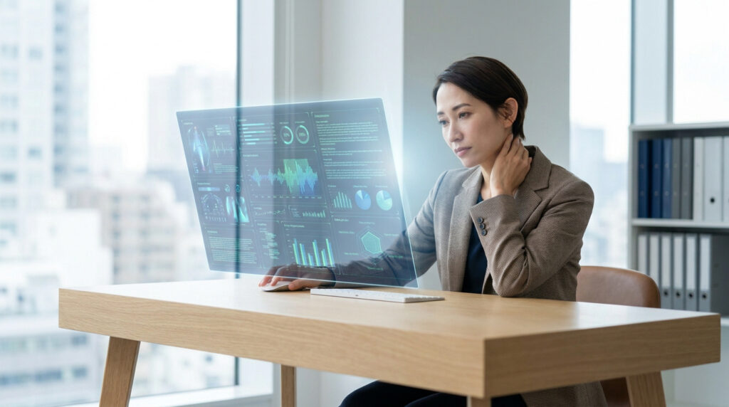 Une femme d'affaires souffrant de douleurs au cou devant un écran holographique futuriste dans un bureau.