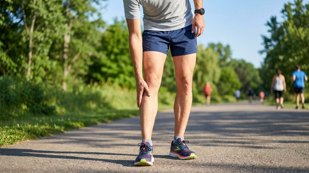 Un coureur s'arrête en plein effort pour tenir sa jambe, victime d'une douleur au tibia lors d'un entraînement en extérieur.