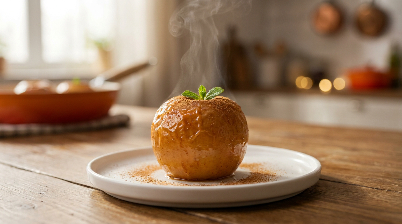 Une pomme au four fumante avec de la cannelle et une feuille de menthe sur une assiette blanche.
