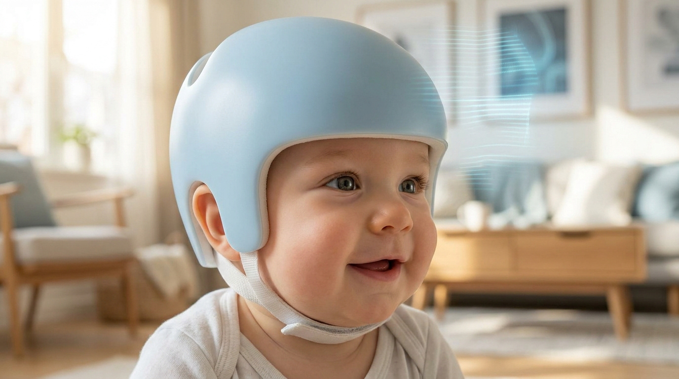 Un bébé souriant porte un casque bleu de correction crânienne avec un effet visuel holographique autour de sa tête.