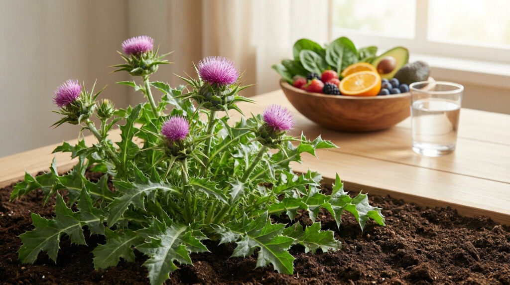 Chardon-Marie en pot avec en arrière-plan un bol de fruits sains et un verre d'eau sur une table.