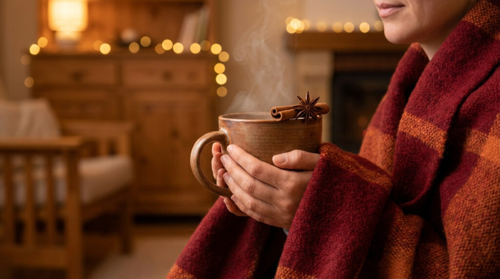 Une personne enveloppée dans une couverture chaude tient une tasse fumante garnie d'un bâton de cannelle.