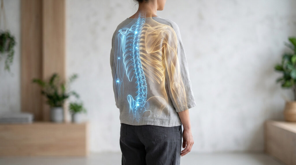 Personne vue de dos avec une superposition numérique de la colonne vertébrale, illustrant les soins de santé du dos.