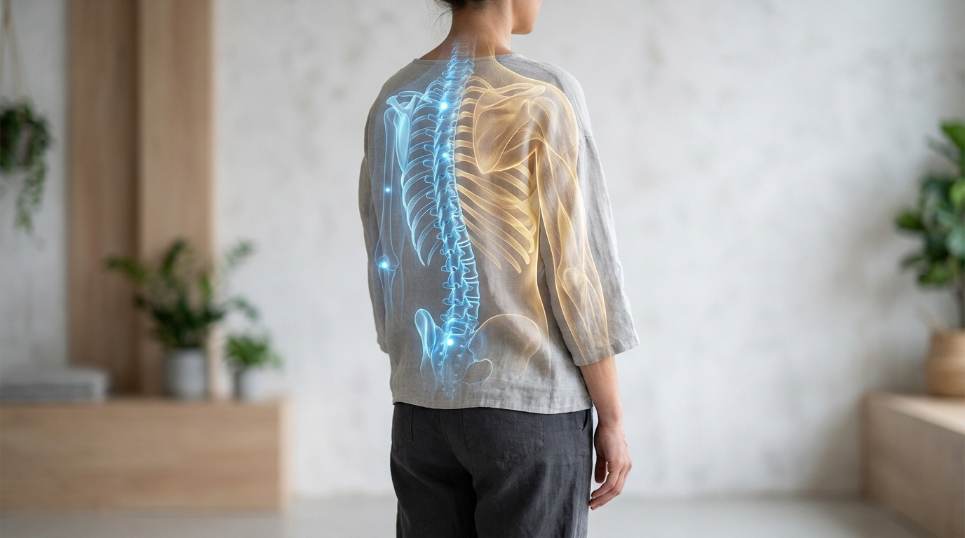 Personne vue de dos avec une superposition numérique de la colonne vertébrale, illustrant les soins de santé du dos.
