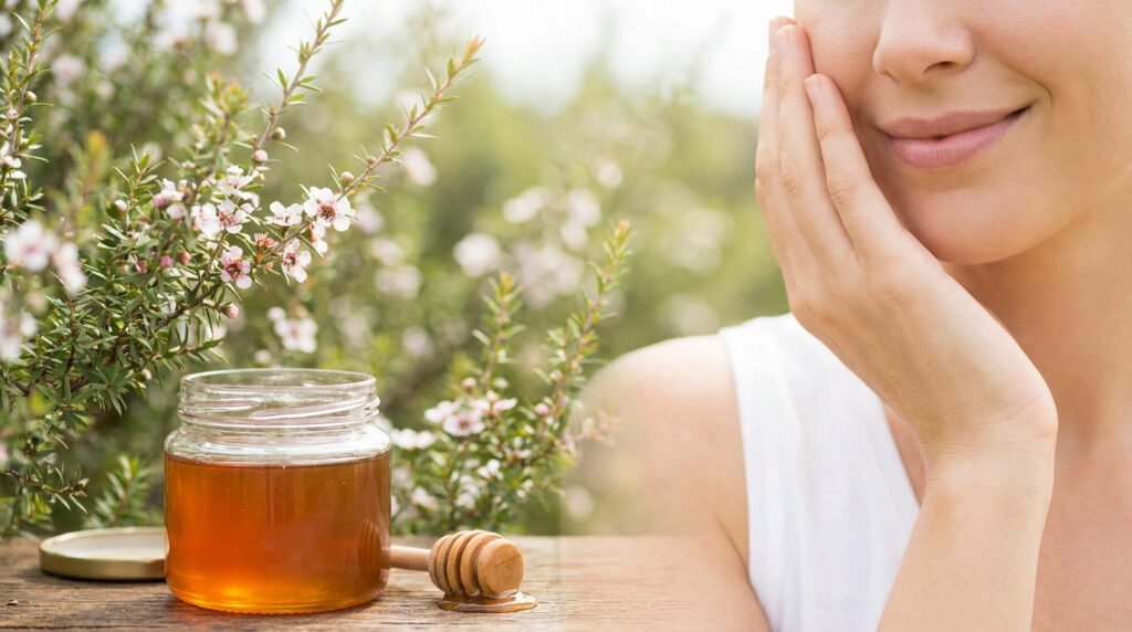 Un pot de miel de manuka posé sur une table en bois avec une cuillère, devant un buisson en fleurs et une femme souriante.