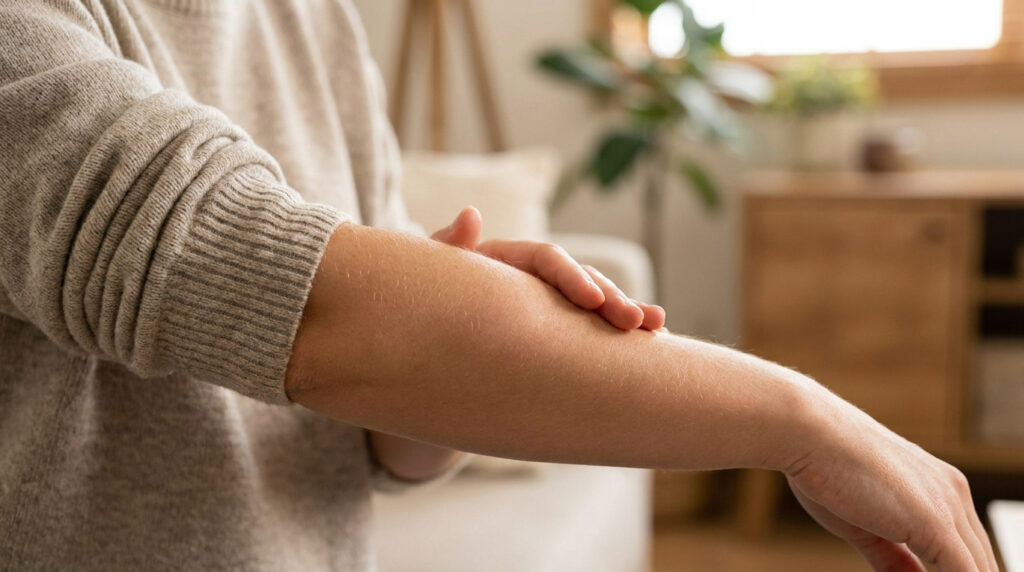 Une personne touche son bras qui semble enflé et douloureux dans un intérieur domestique.