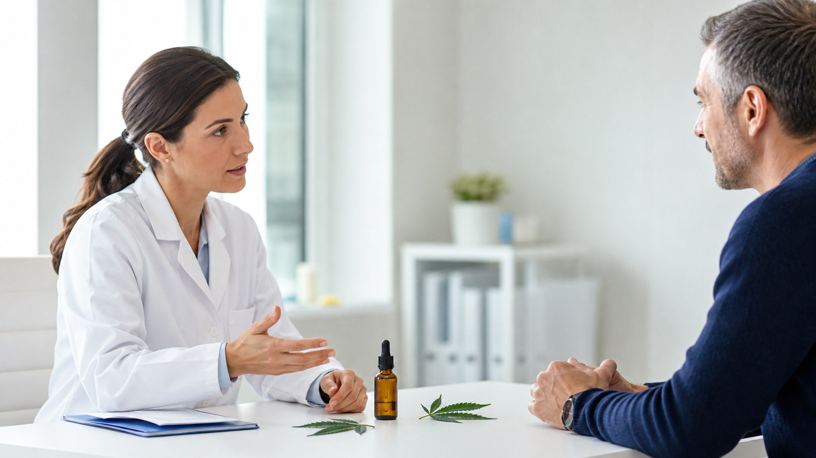 Professionnelle de santé expliquant les effets du CBD à un patient
