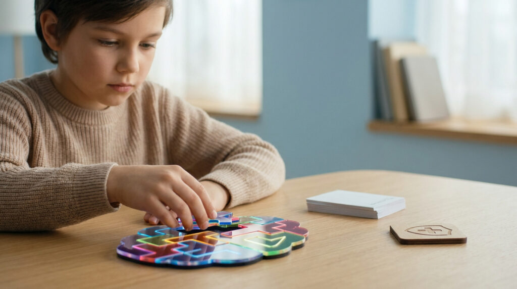 Un enfant concentré joue avec un puzzle coloré en forme de cerveau sur une table en bois.