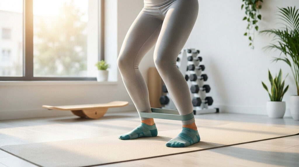 Une personne effectue un exercice de fitness avec une bande élastique autour des chevilles sur un tapis de yoga.