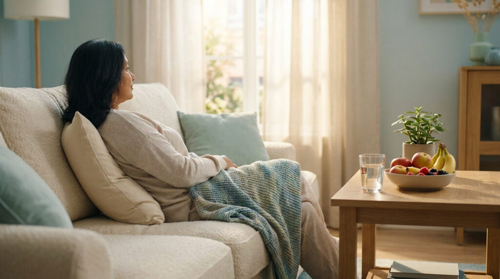 Une femme se repose sur un canapé confortable, recouverte d'un plaid, dans un salon lumineux.