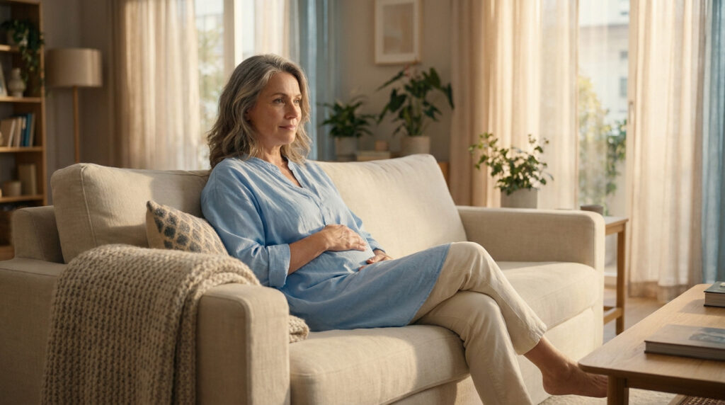 Femme mature se reposant sur un canapé, la main posée sur son abdomen dans un salon lumineux.