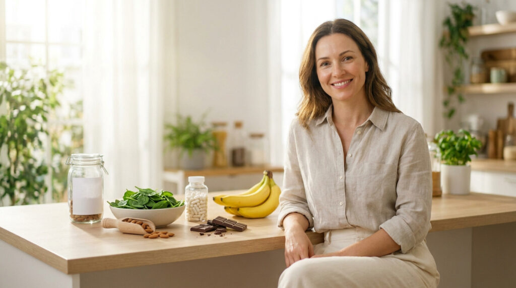 Une femme souriante dans une cuisine avec des aliments riches en magnésium sur le plan de travail.