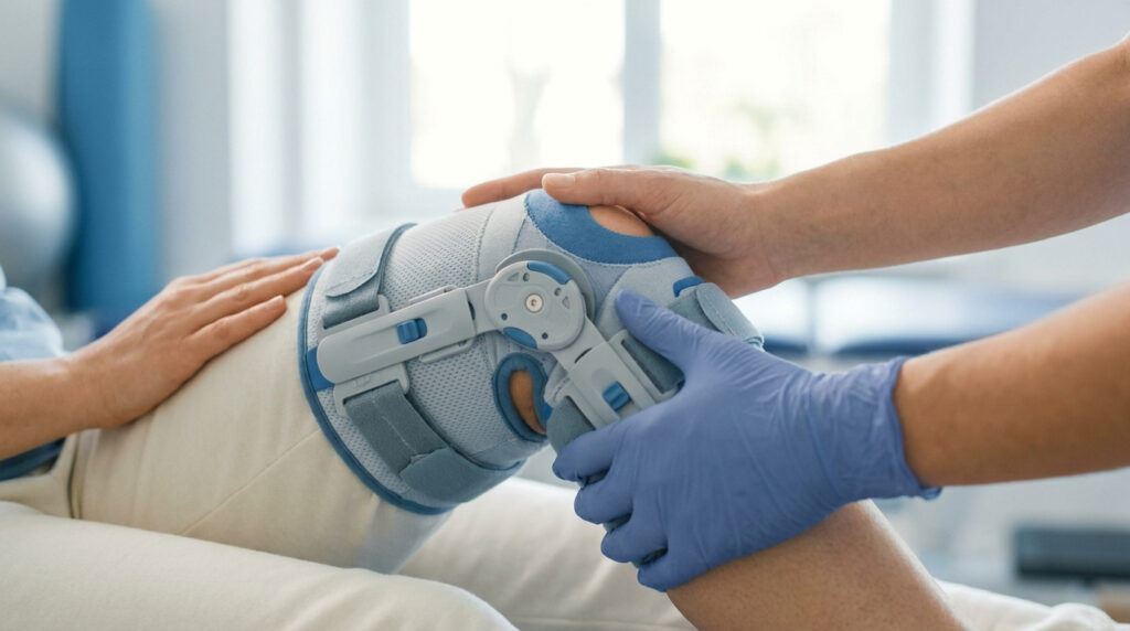 Un kinésithérapeute examine le genou d'un patient portant une attelle articulée dans un cabinet médical.