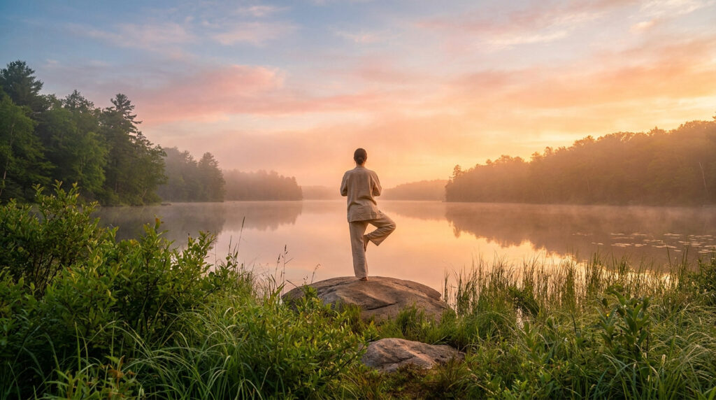 Une personne pratiquant le yoga sur un rocher au bord d'un lac paisible lors d'un lever de soleil brumeux.