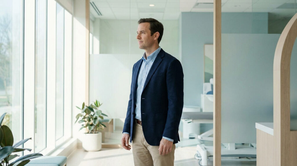 Un homme en veste élégante se tient debout dans un cabinet médical moderne et lumineux, regardant par la fenêtre.