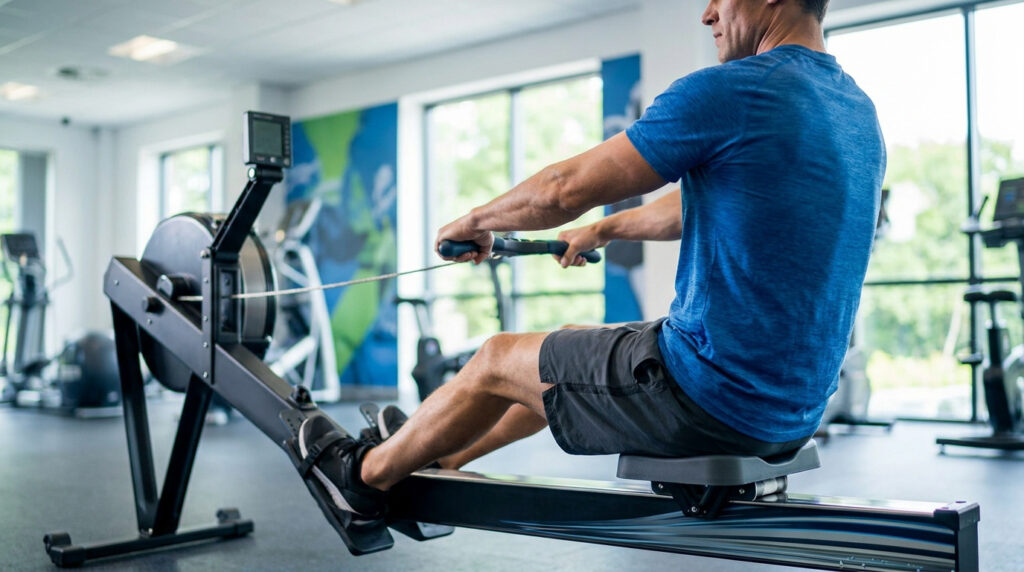 Un homme en t-shirt bleu s'entraîne sur un rameur dans une salle de sport lumineuse.
