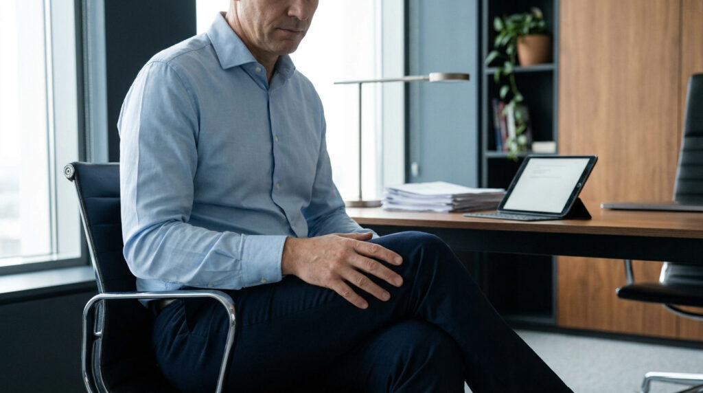 Un homme en chemise bleue assis au bureau, tenant son genou avec douleur.