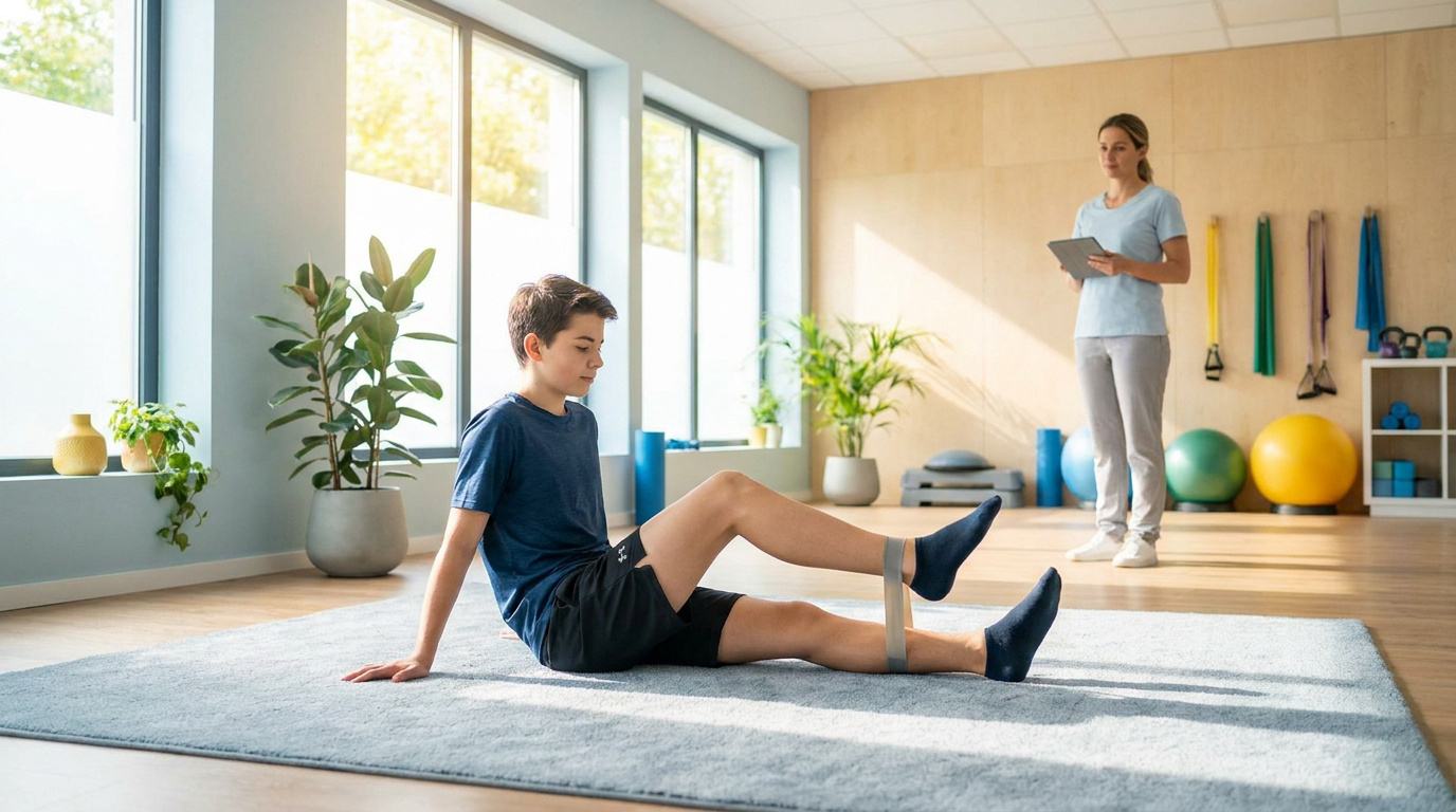 Un adolescent effectue un exercice de rééducation du genou avec une bande élastique sous la supervision d'un kinésithérapeute.