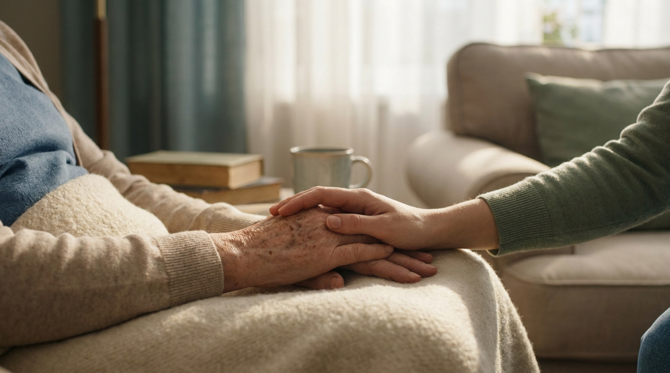 Deux personnes se tenant la main en signe de réconfort dans un salon lumineux, symbolisant l'accompagnement en fin de vie.