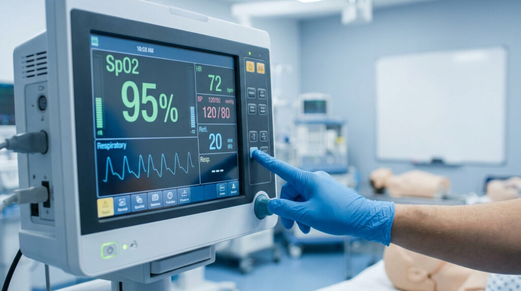 Un soignant en gants bleus ajuste les paramètres sur un moniteur de signes vitaux affichant une saturation à 95 %.