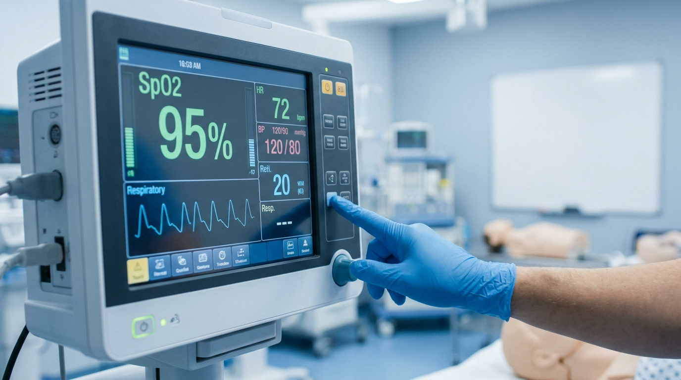 Un soignant en gants bleus ajuste les paramètres sur un moniteur de signes vitaux affichant une saturation à 95 %.