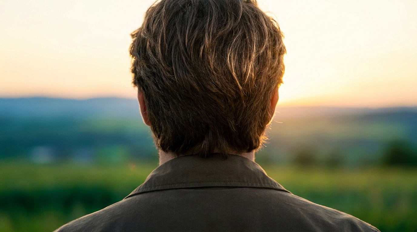 Vue arrière d'un homme aux cheveux épais regardant le coucher du soleil.